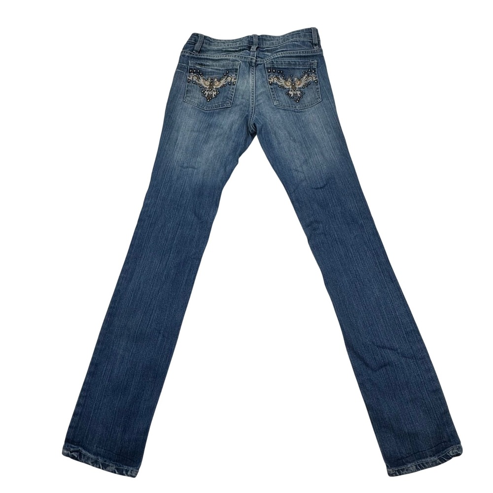 Rue21 Women Blue Embroidered Wing Studded Bootcut Jeans Size 3/4 Low Rise